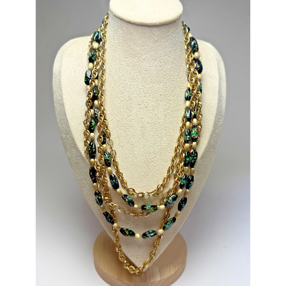 Trifari Jewelry - Rare HTF Vintage Crown Trifari 5-Strand Black Confetti Art Glass Beaded Necklace